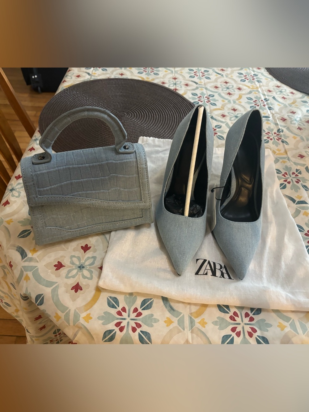 ZARA denim light Blue Pointed Toe Heels with Croc-Texture Top Handle Bag